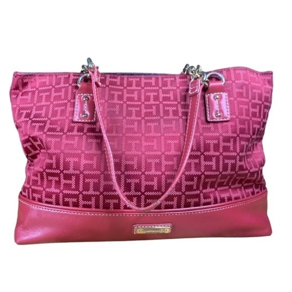 Tommy Hilfiger Tote Bag Red Logo Fabric Leather Trim Goldtone Hardware Chain - Picture 1 of 15
